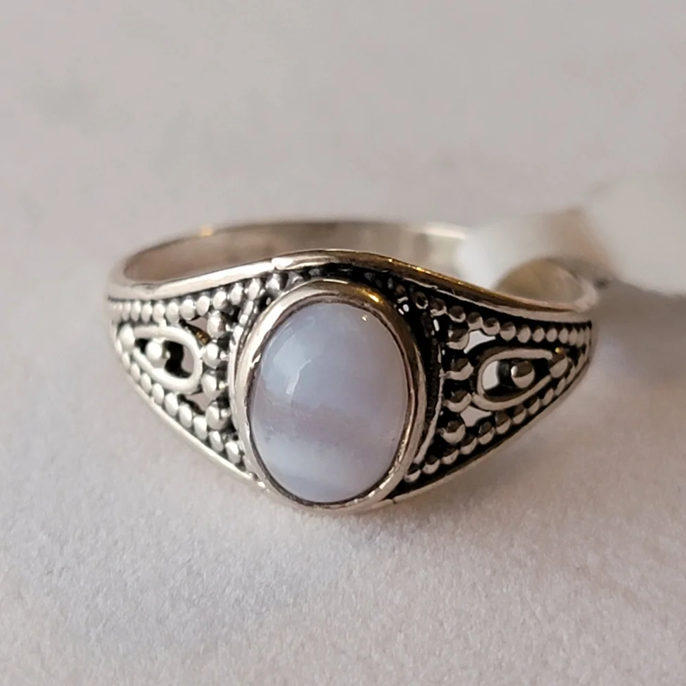 Blue Lace Agate Sterling Silver Class Ring Signed Size 9